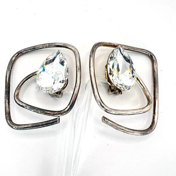 Vintage Large Silver Metal Square Spiral Faceted Glass Crystal Clip On Earrings - Picture 1 of 5